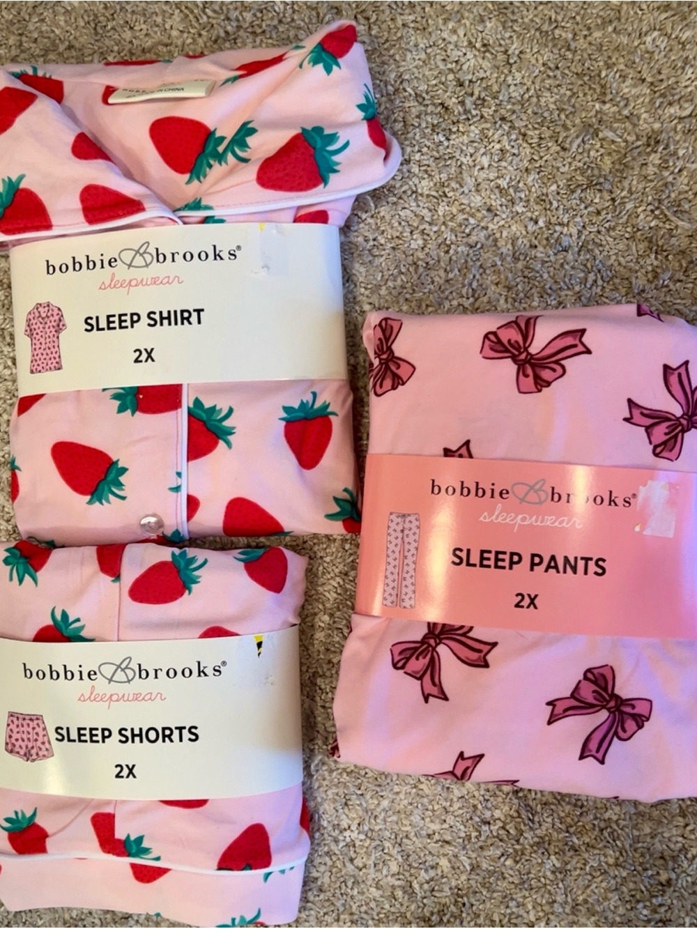 Bobbie Brooks Pink Strawberry Wome Pajama Set - Sleep Shirt, Shorts & Pants (2X)